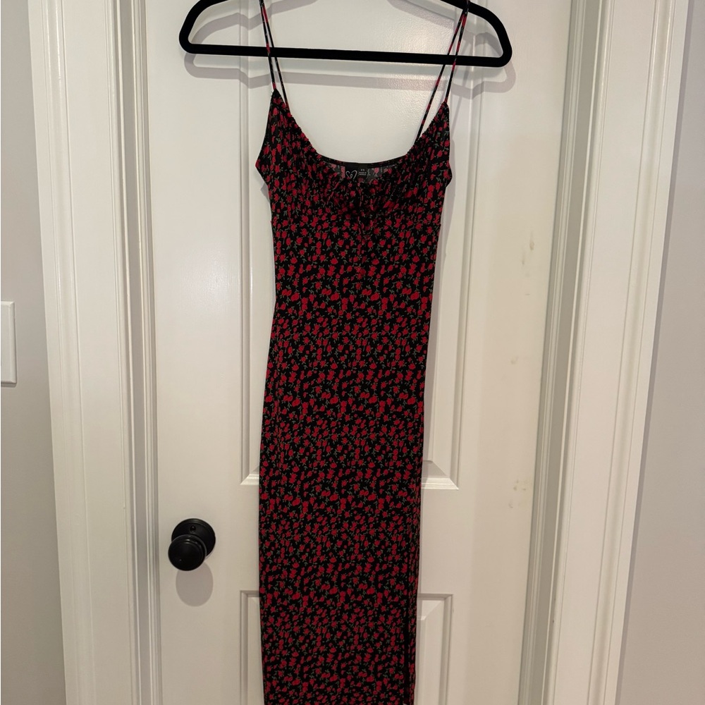 Windsor Black Midi Dress with Red Floral Print and Spaghetti Straps
